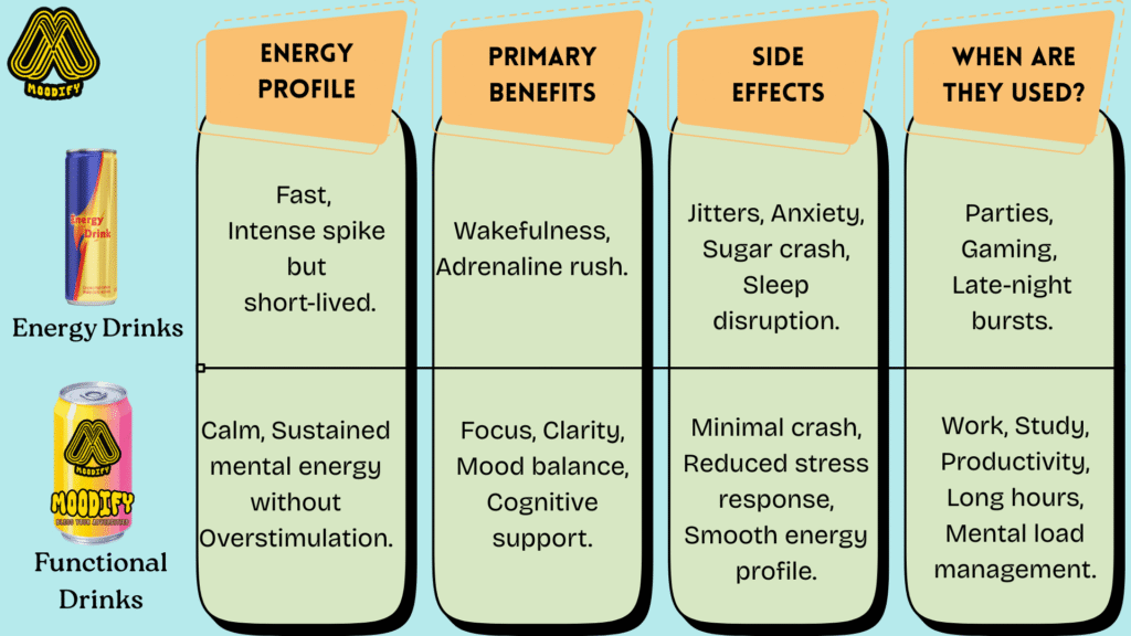 Functional Drinks in India: How Moodify Enhances Focus, Calm & Stress Relief. functional beverage vs energy drink comparison chart